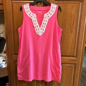 Lands' End Pink Sleeveless Dress with White Lace Neckline size LP